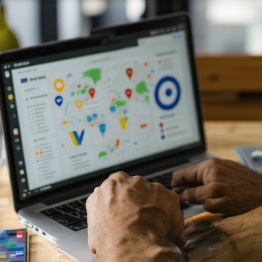 Advanced Local SEO Analysis Person analyzing local SEO metrics on a laptop with maps and graphs