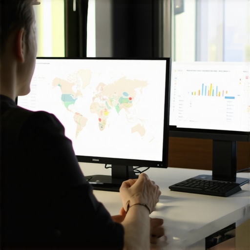 Business owner analyzing SEO data on a computer with maps and analytics dashboards.