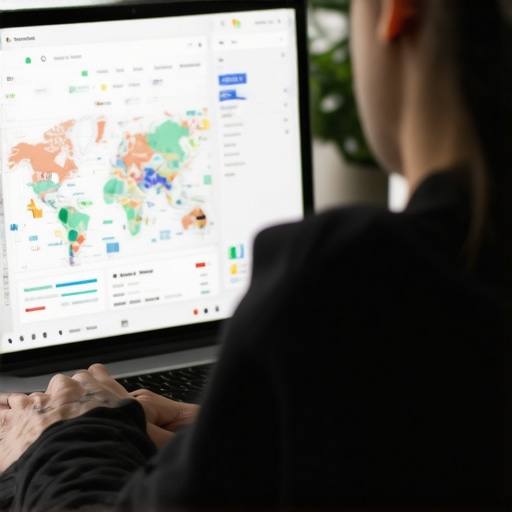 Person reviewing local SEO analytics on a laptop with charts and Google Maps in background.