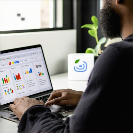 Business owner working on Google My Business profile with SEO charts