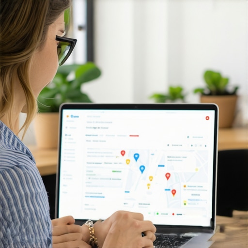 Business owner working on Google My Business profile with local map background
