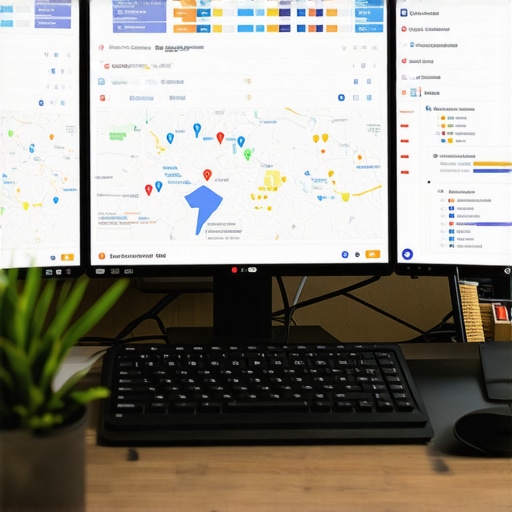 Person analyzing local SEO metrics on multiple computer screens, focusing on maps and analytics dashboards.