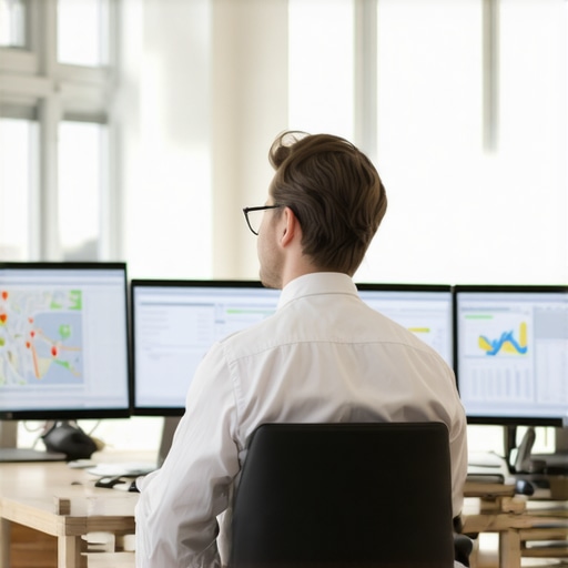 Strategist reviewing maps and keywords on multiple screens for local search optimization.