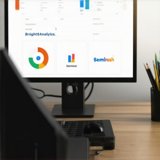 A workspace featuring SEO software dashboards used for managing local search rankings.