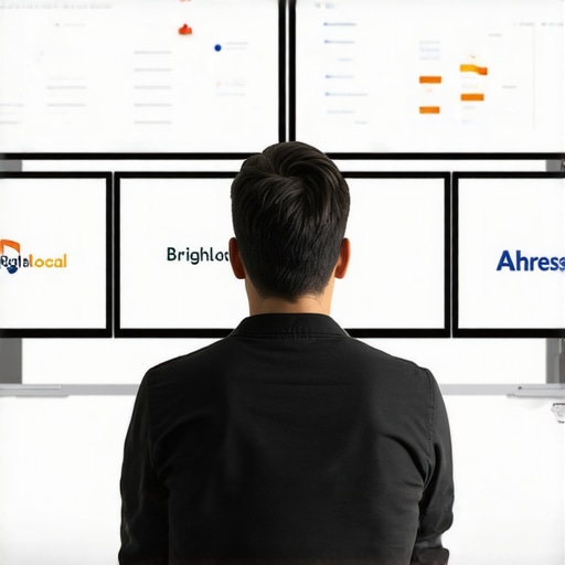 A digital marketer reviewing local SEO analytics on screens.