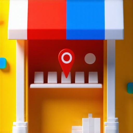 Digital storefront with Google Maps pin and SEO icons.