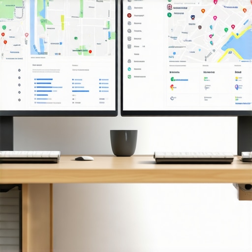 A professional workspace with monitors showing local search analytics and maps for effective SEO management