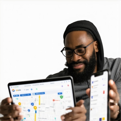Business owner updating Google Maps profile on laptop with digital map on screen.