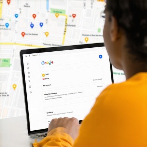 Person working on Google My Business profile on laptop with local maps in background.