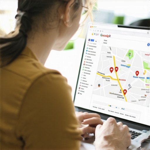 Business owner optimizing GMB profile on laptop with local map and keywords.