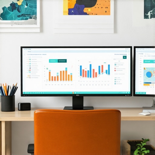 SEO Tools for Local Rankings A workspace with screens displaying SEO analytics, maps, and keyword data, illustrating digital marketing tools.