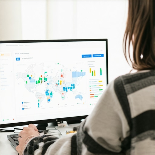 Person reviewing local SEO analytics on a computer screen with charts and maps.