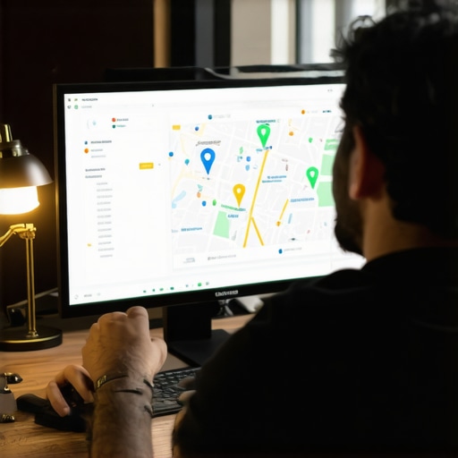 A person reviewing local SEO performance metrics on a laptop with maps and charts.