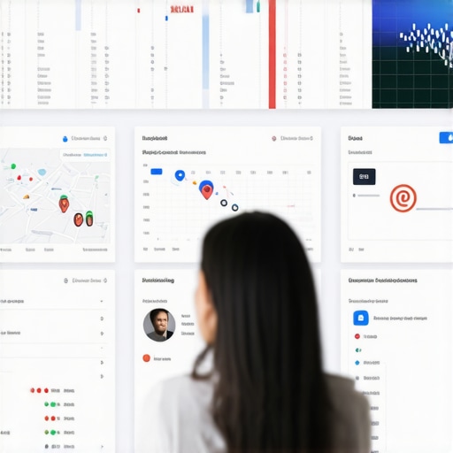 Person working on a dashboard displaying maps and SEO metrics.