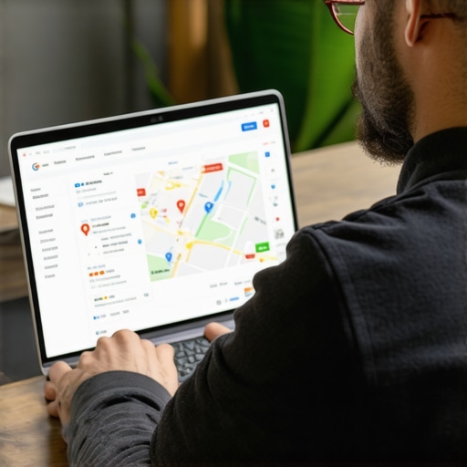 Optimizing Google My Business Profile Business owner updates Google My Business profile on a laptop with maps and SEO tools.