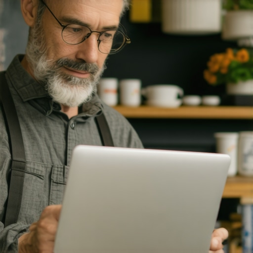 Business owner updating Google Maps profile on laptop in local shop