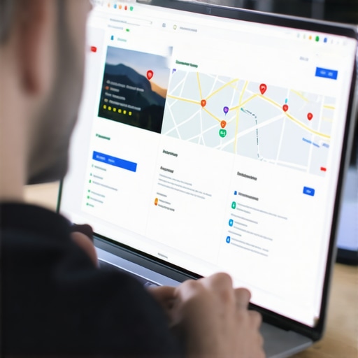 Business owner editing Google My Business profile on laptop with graphs and maps in the background.