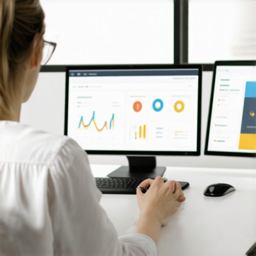 Using SEO Tools for Local Search Person monitoring local SEO performance on a computer with various SEO dashboards.