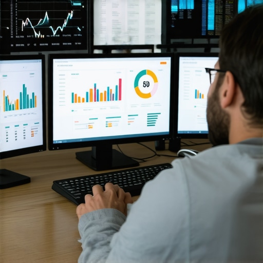 Expert analyzing local SEO data on computer screens with charts and graphs