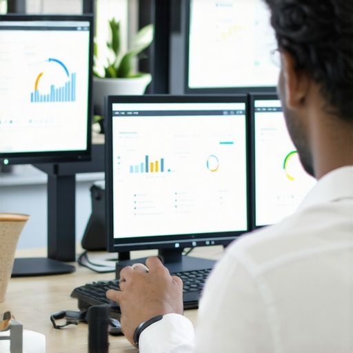 A professional analyzing local SEO performance on multiple monitors with charts and analytics