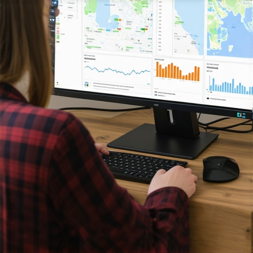 Business owner reviewing local search data on laptop with maps and charts