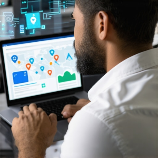 Businessman analyzing local SEO analytics and security measures on laptop.