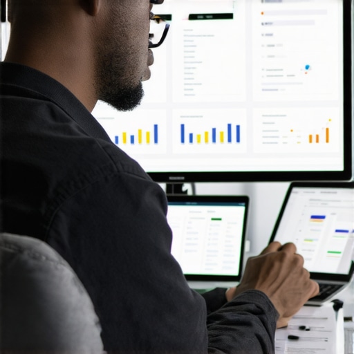 A person reviewing local SEO metrics on multiple screens with citation and ranking tools.