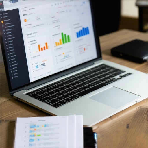 Laptop screen showing local SEO dashboards with citation and rank tracking tools.