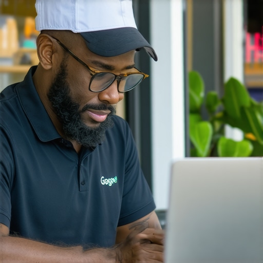 Business owner working on Google My Business profile on laptop in front of a storefront.