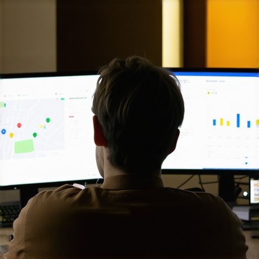 Data-Driven Local SEO Maintenance Person reviewing local SEO analytics on a screen with maps and charts.