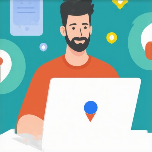 Business owner optimizing Google My Business profile on laptop with local search icons.